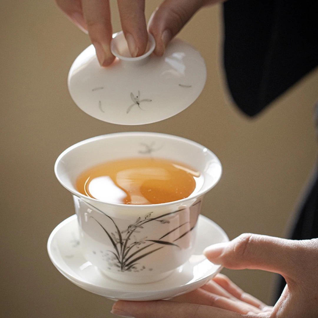白瓷纯手绘兰花泡茶盖碗主人杯茶盘茶荷茶托水盂专用功夫茶具套组