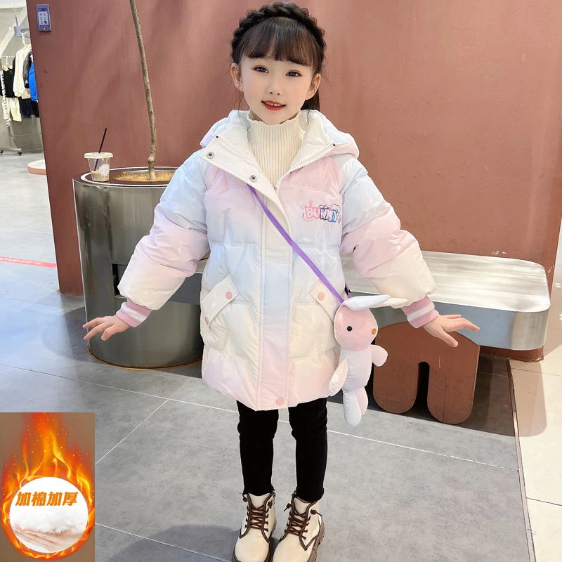 女童冬季新款时尚韩版休闲洋气加厚免洗棉服中长款连帽手塞棉棉衣