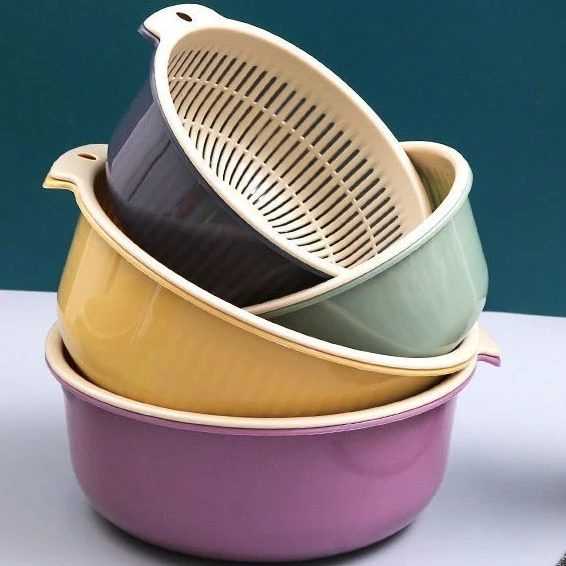 6件套双层塑料圆形沥水篮子家用洗水果菜篮洗菜盆厨房神器多功能