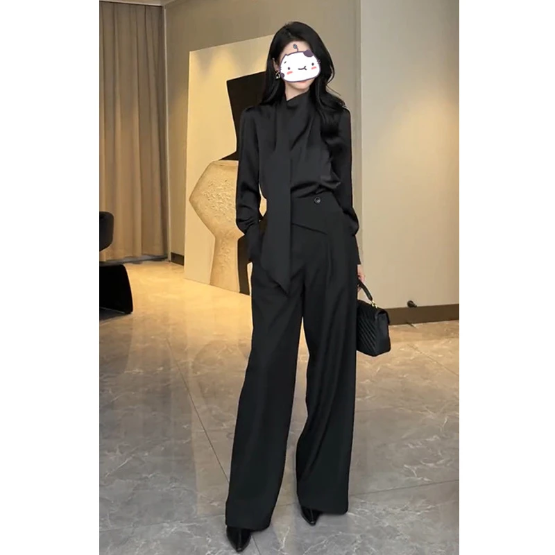 2024年时尚长袖休闲百搭纯色衬衫女+ 高腰时尚显瘦宽松休闲裤套装