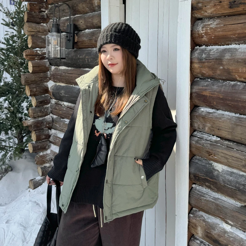 BD4085大码女装【暖冬棉服马甲】连帽立领宽松保暖秋冬休闲夹棉外套