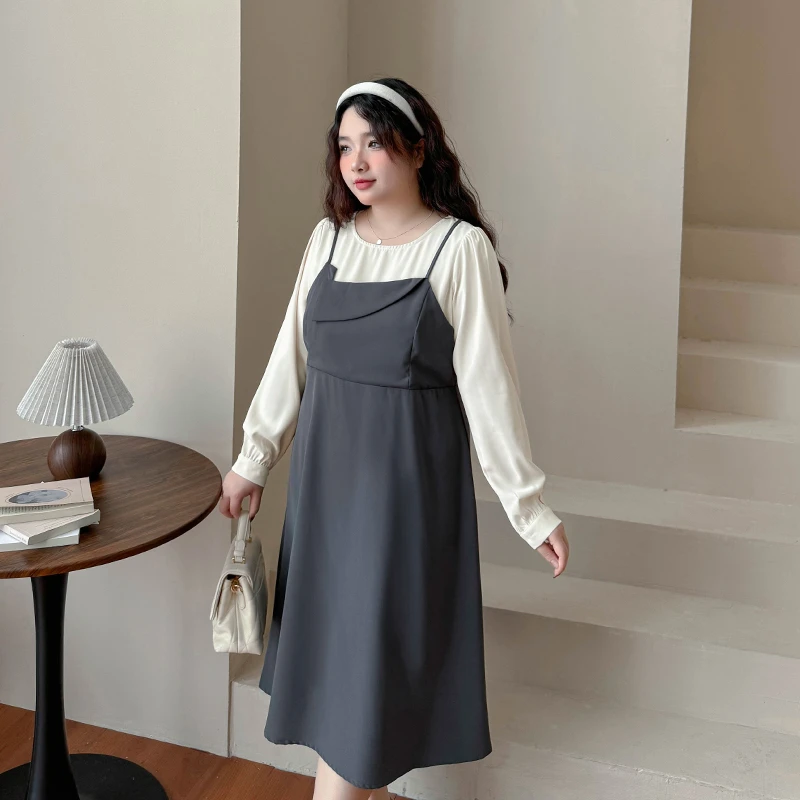 A1386大码女装【法式高级感】2024秋季新款泡泡袖假两件拼接连衣裙