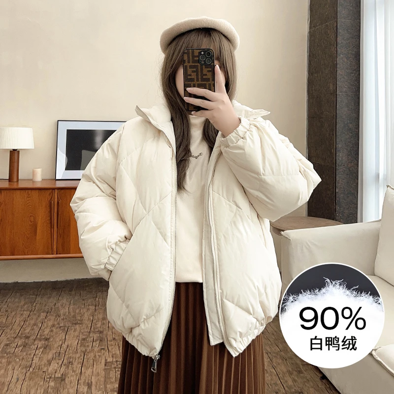 A1802【冬季暖洋洋】菱格宽松白鸭绒羽绒服外套宽松高领面包服大码