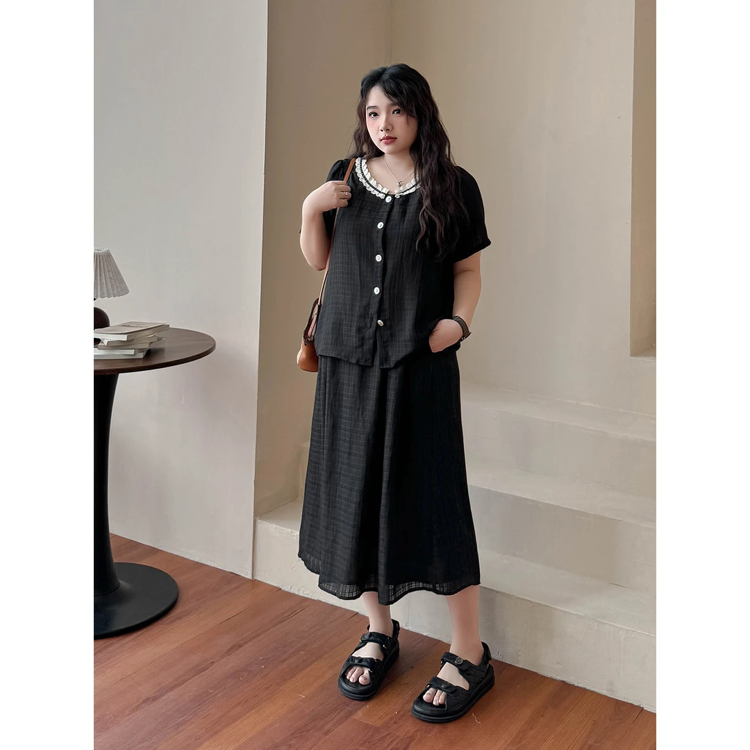 CX6278大码女装【法式小香套装】短袖衬衫气质半身裙显瘦时尚套裙