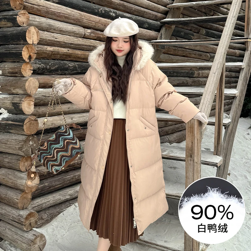 A1588大码女装【五倍温暖】白鸭绒保暖冬季连帽毛领长款羽绒服外套