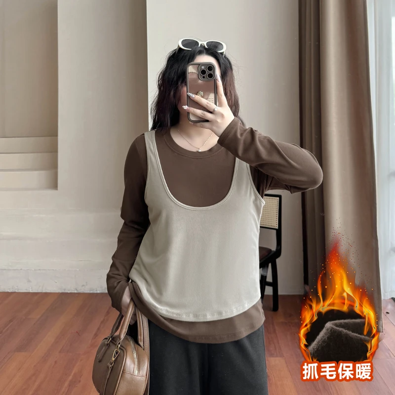 CD6555大码女装【假两件针织衫】秋冬拼接设计感长袖抓毛打底衫上衣