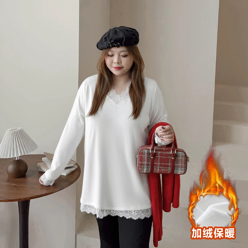 YD0042大码女装【温暖打底衫】秋冬季蕾丝花边拼接V领中长款抓毛T恤