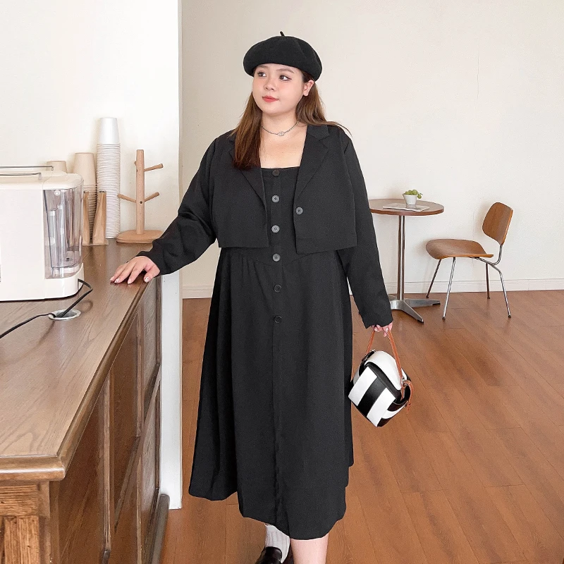 B3326【韩系初秋穿搭】胖mm大码女装秋季显瘦西装吊带连衣裙套装