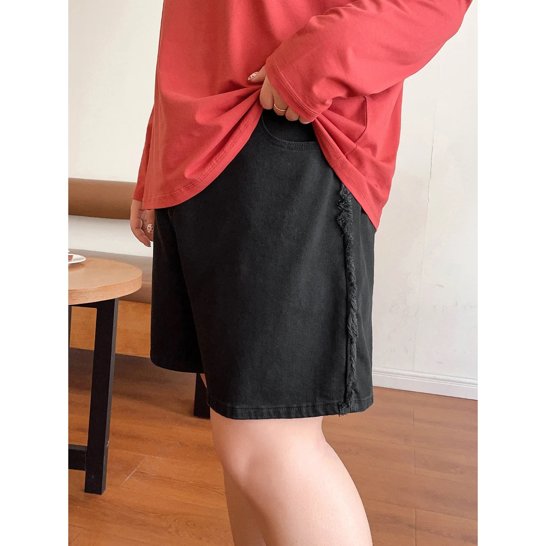 CX5911大码女装【牛仔短裤】设计感毛边200斤高腰秋季胖mm阔腿裤子