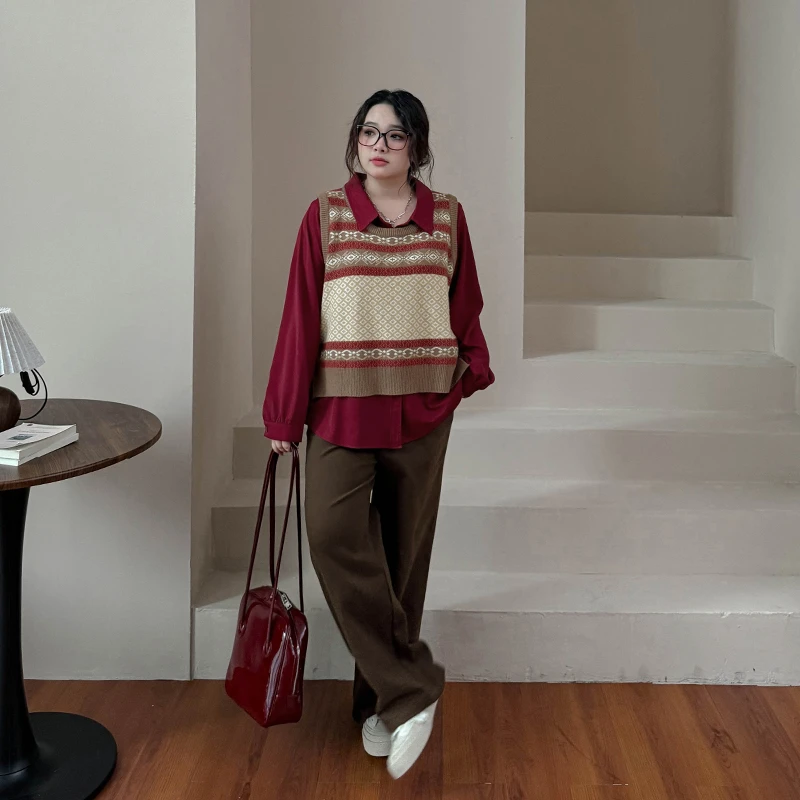 CC6259大码女装【今年流行三件套】秋季长袖衬衫背心阔腿裤显瘦套装