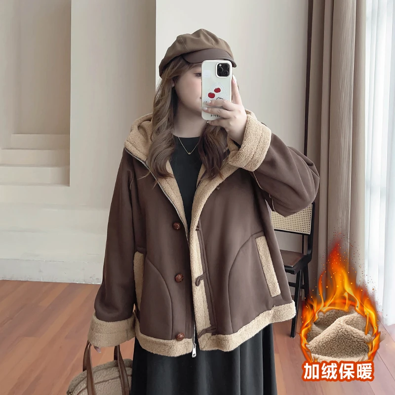 CD6748大码女装【美拉德穿搭】皮毛一体麂皮羊羔绒秋冬显瘦连帽外套