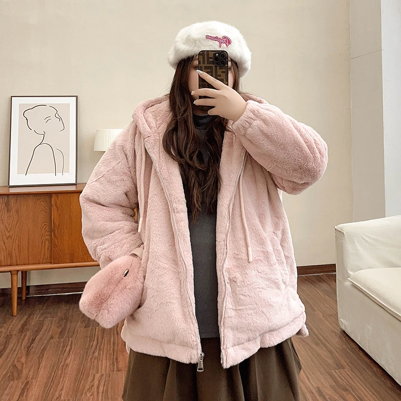 A1775【皮草仿兔毛绒外套】韩系大码宽松秋冬连帽200斤毛绒厚厚外套
