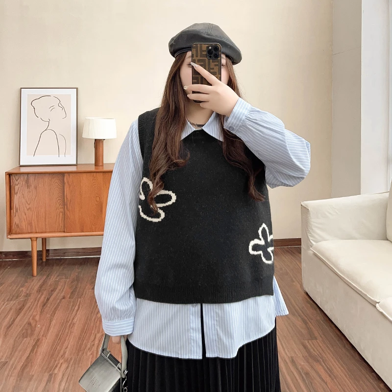 BD4495【幸运高街背心】自创设计宽松显瘦胖mm春装四叶草针织马夹女