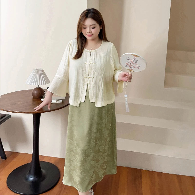 YC0030 大码女装【新中式套装】高级感提花气质上衣吊带裙两件套