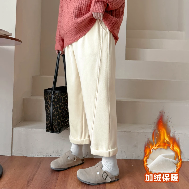 CD6459大码女装【懒人加绒卫裤】 430克保暖秋冬卷边松紧高腰休闲裤