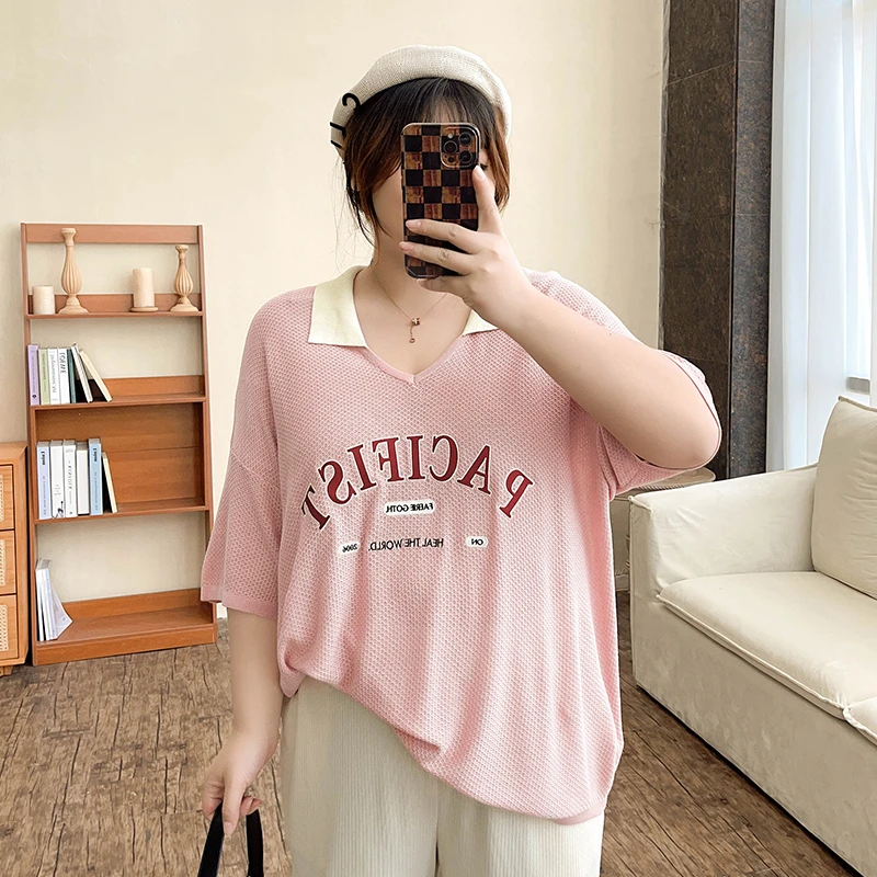 B2741【冰爽防晒罩衫】抗起球甜美字母印花上衣女大码宽松学院风T恤