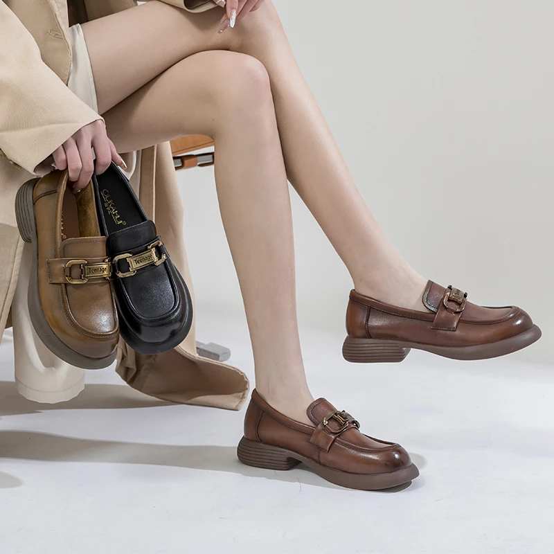 5158圆头乐福鞋乐福鞋女鞋春软底单鞋时尚百搭真皮厚底乐福鞋舒适