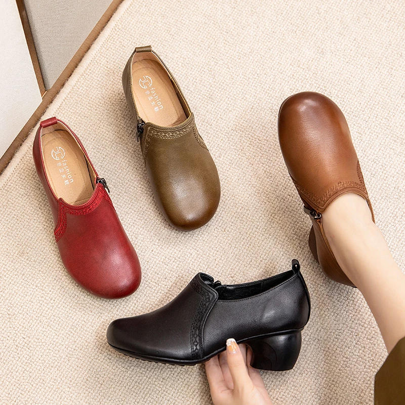 20285春秋圆头防滑妈妈鞋软底软面舒适女鞋中老年浅口粗跟单鞋