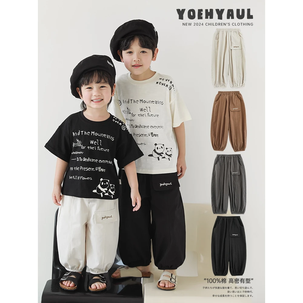 幼悠夏二波儿童夏季水洗加软字母绣花休闲男童九分束脚裤 N4848