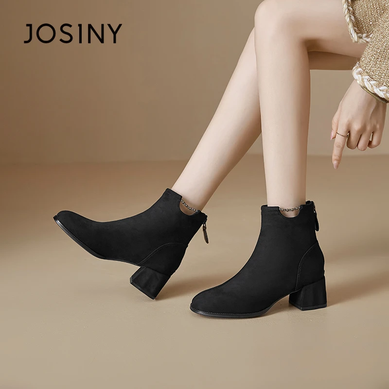 卓诗尼高跟短靴女粗跟2024新款秋冬季爆款洋气女人味绒面瘦瘦靴子