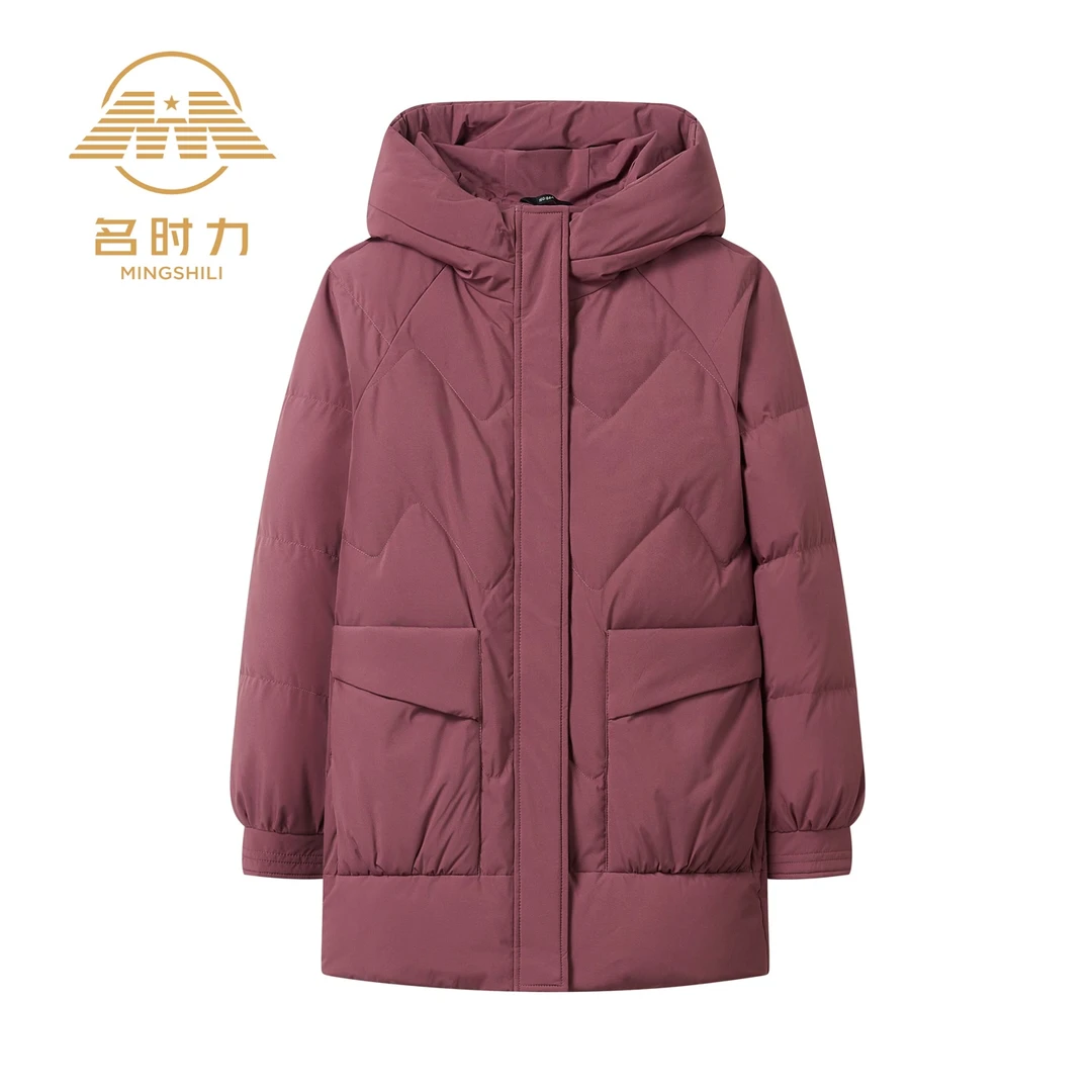 名时力冬季百搭时尚优雅中长款连帽90白鸭绒保暖羽绒服女 K9228