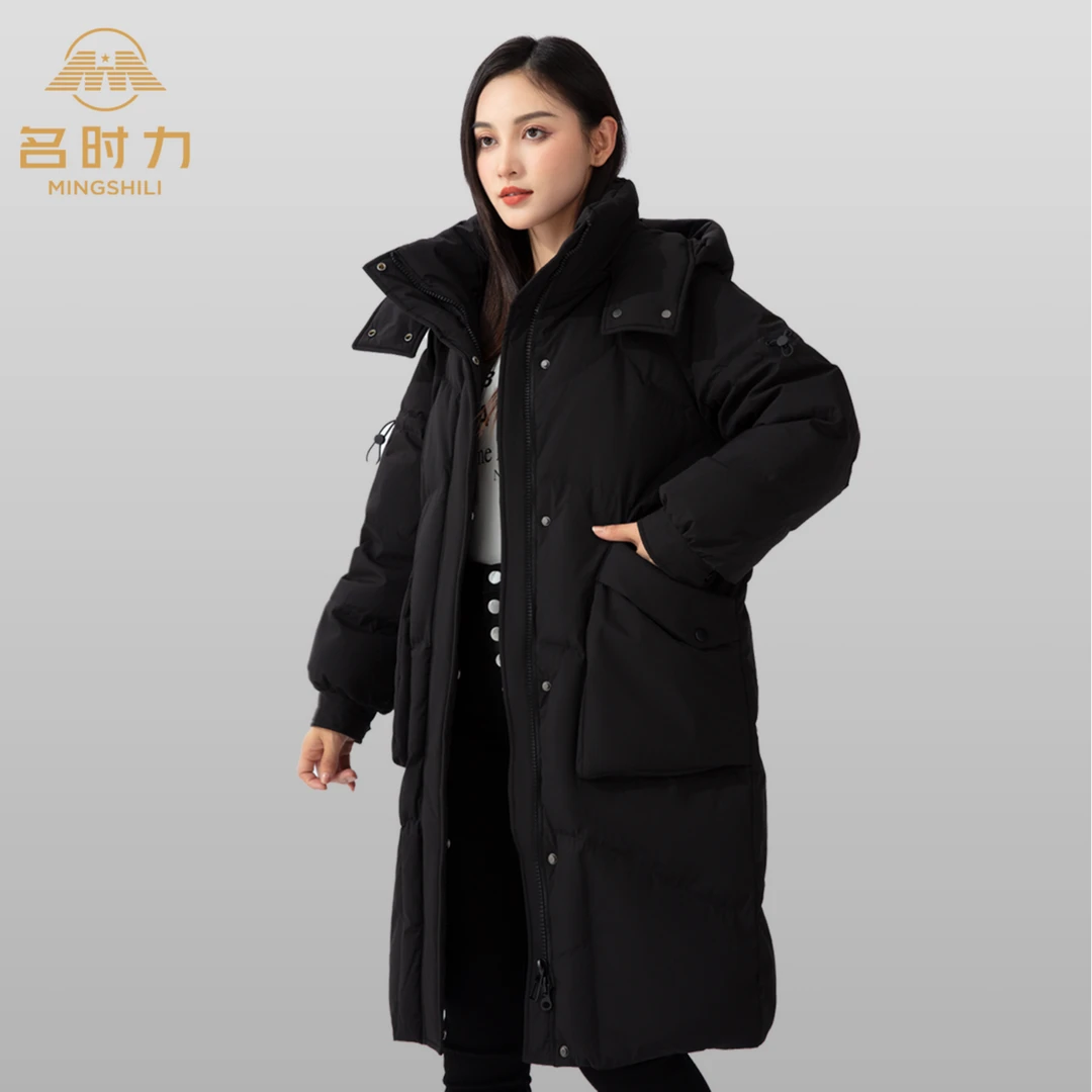 冬季新品大口袋加厚保暖连帽长款外套羽绒服 77086