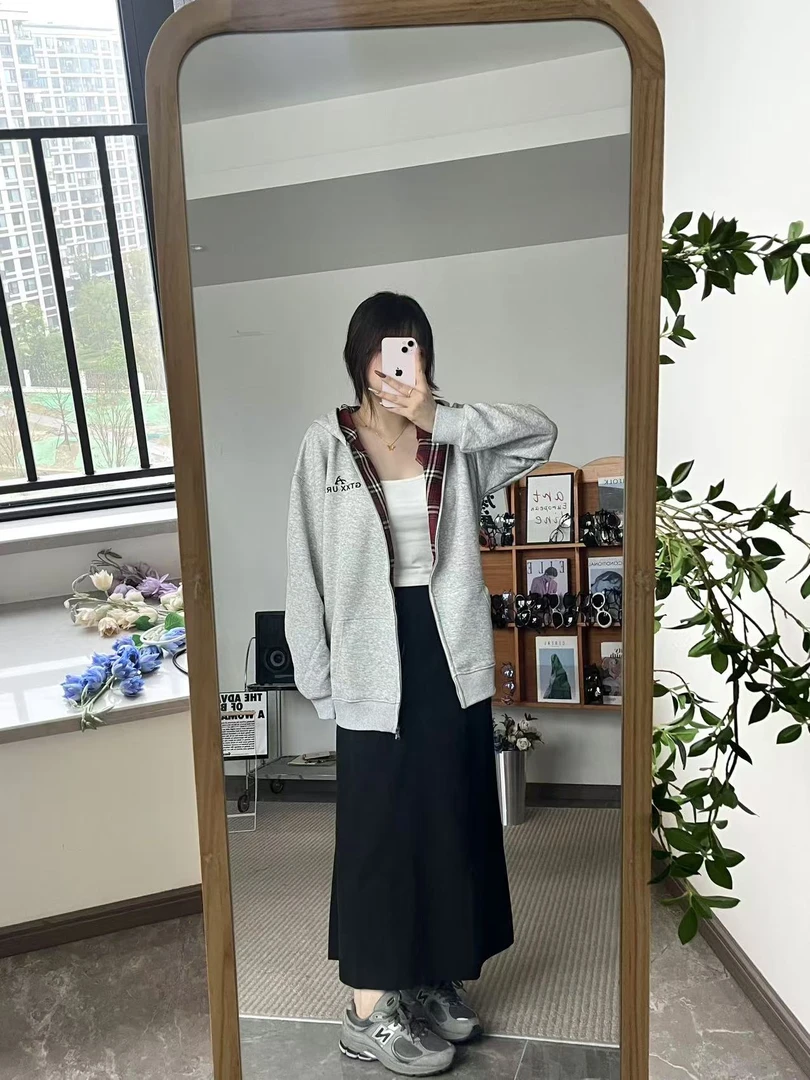 格子拼接连帽开衫卫衣女装韩版ins字母休闲百搭设计感拉链外套秋