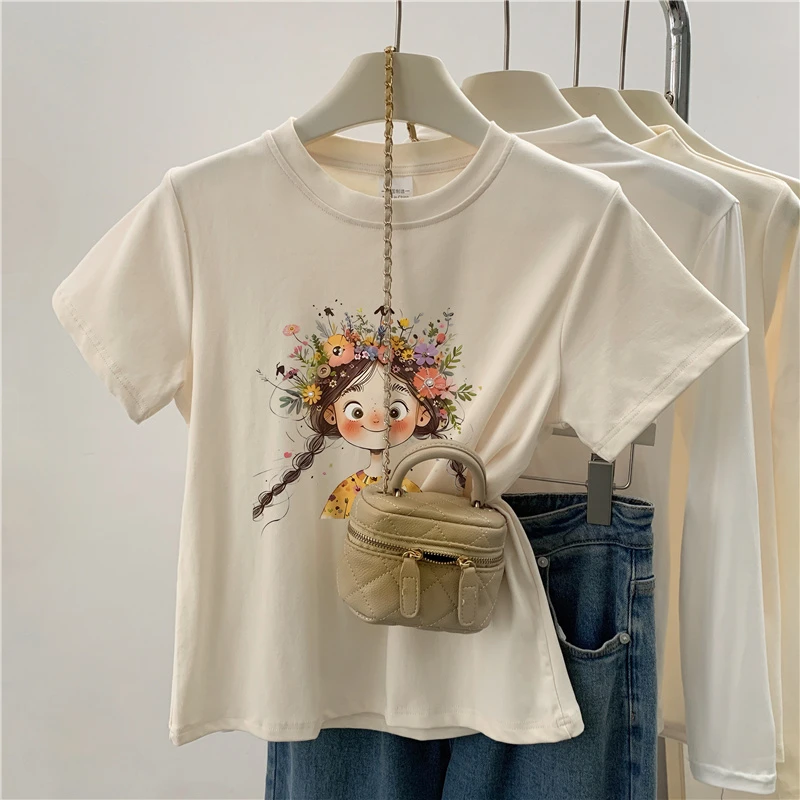 尤莱特减龄女孩印花图案奶杏色短袖t恤女正肩夏季新款百搭上衣ins