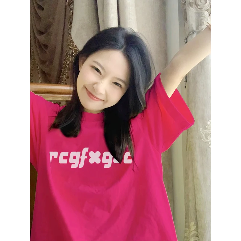 火龙果色纯棉短袖t恤女新款宽松小众休闲字母印花上衣半袖ins潮夏