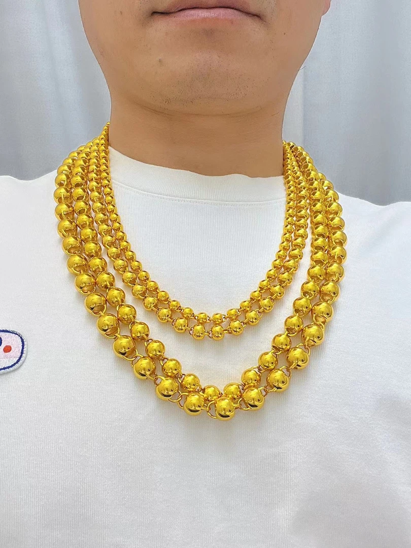 合金项链 精品圆珠金色妈妈男款项链男士时尚潮流空心光面大哥