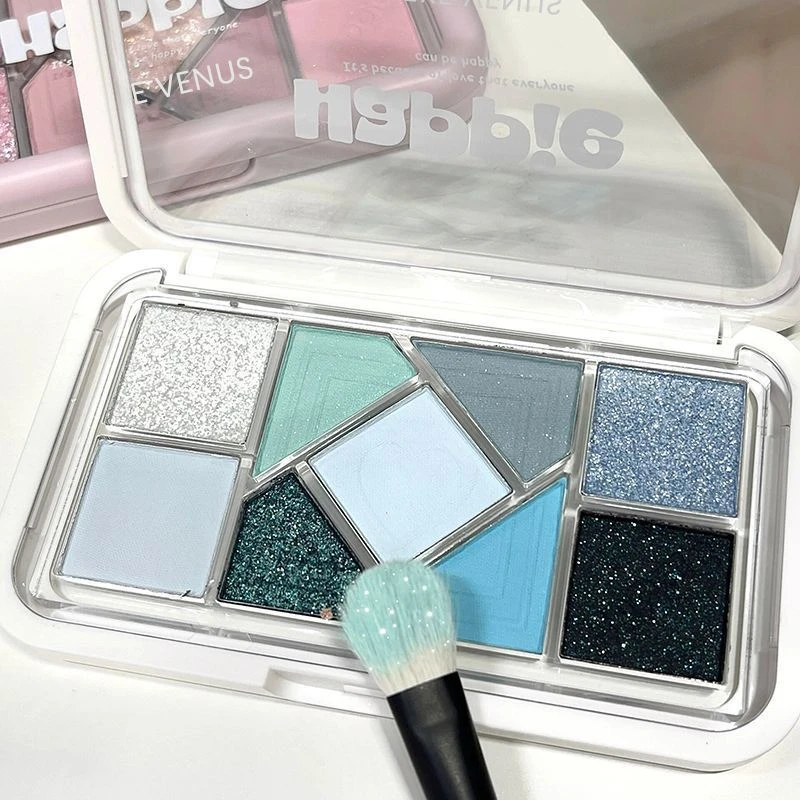 小蓝框九色眼影盘低饱和大地粉色不易飞粉珠哑光学生平价纯欲眼影