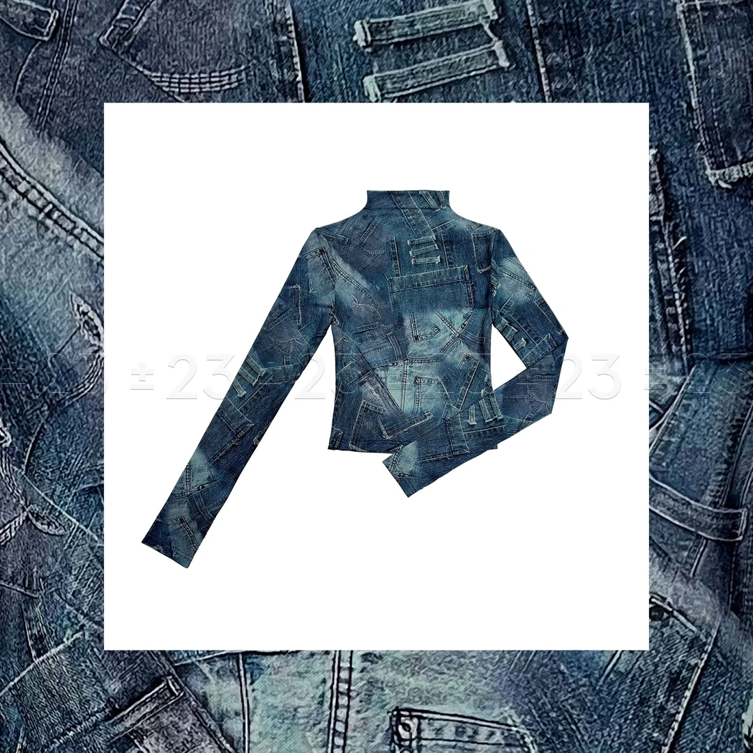 Kenny‘s ±23【重庆森林】SS25014蓝色春夏牛仔风立领网纱拇指洞长袖