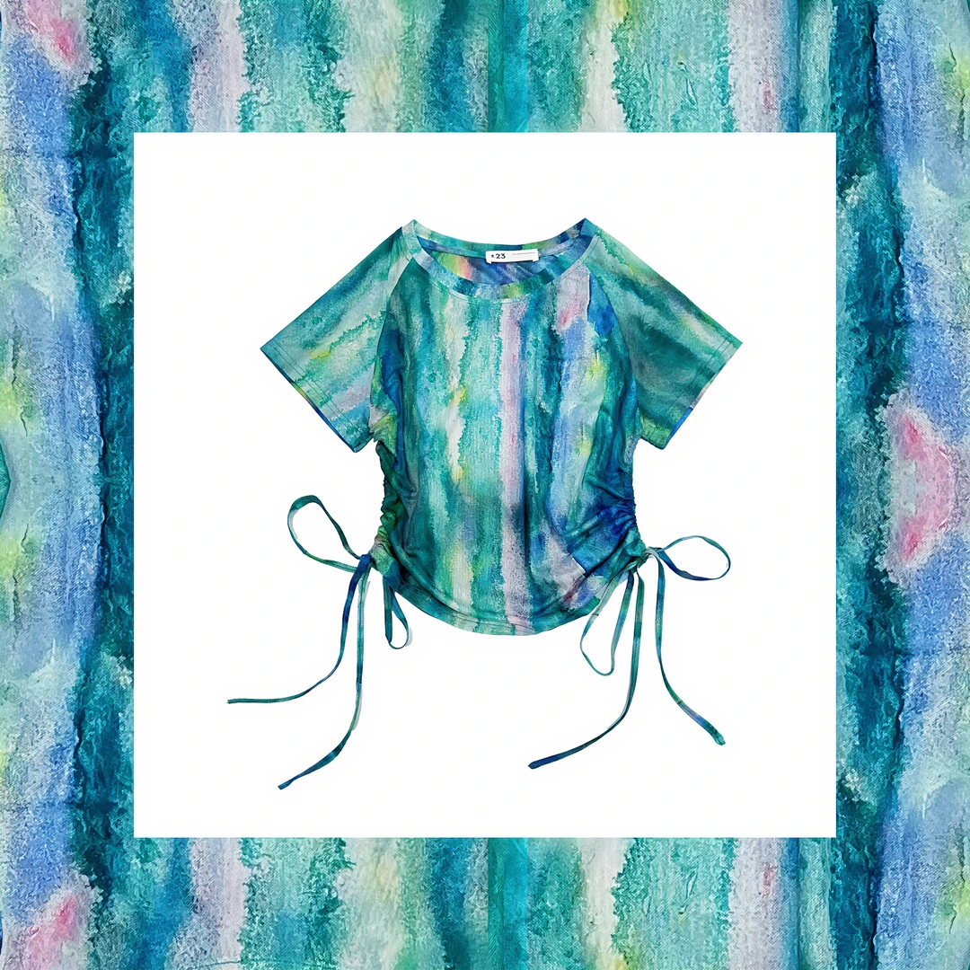 Kenny‘s ±23【睡莲】SS24060绿色涂鸦网纱绑带收腰圆领T恤