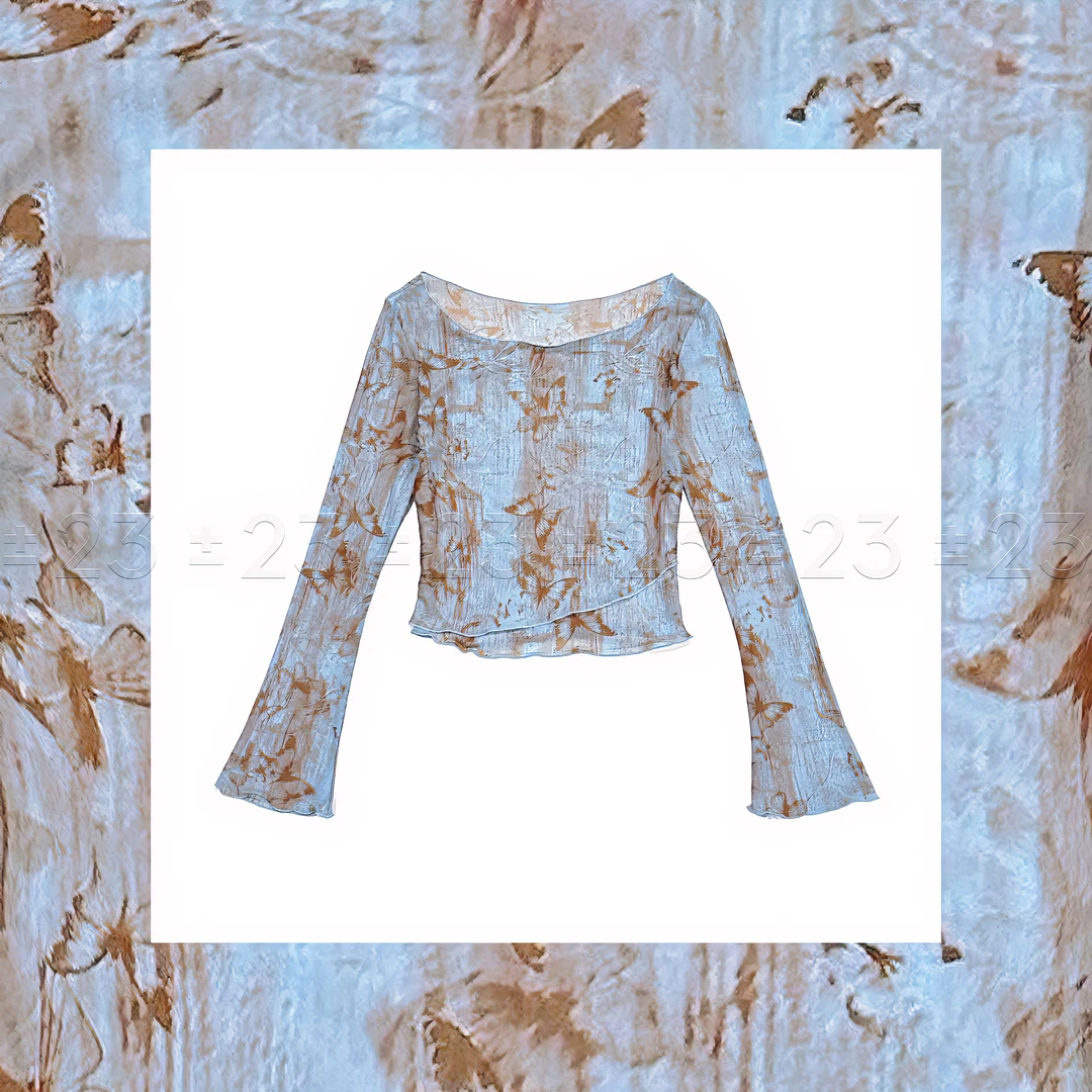 Kenny‘s ±23【梦蝴蝶】SS25003春夏蓝色蝴蝶一字肩短款长袖网纱