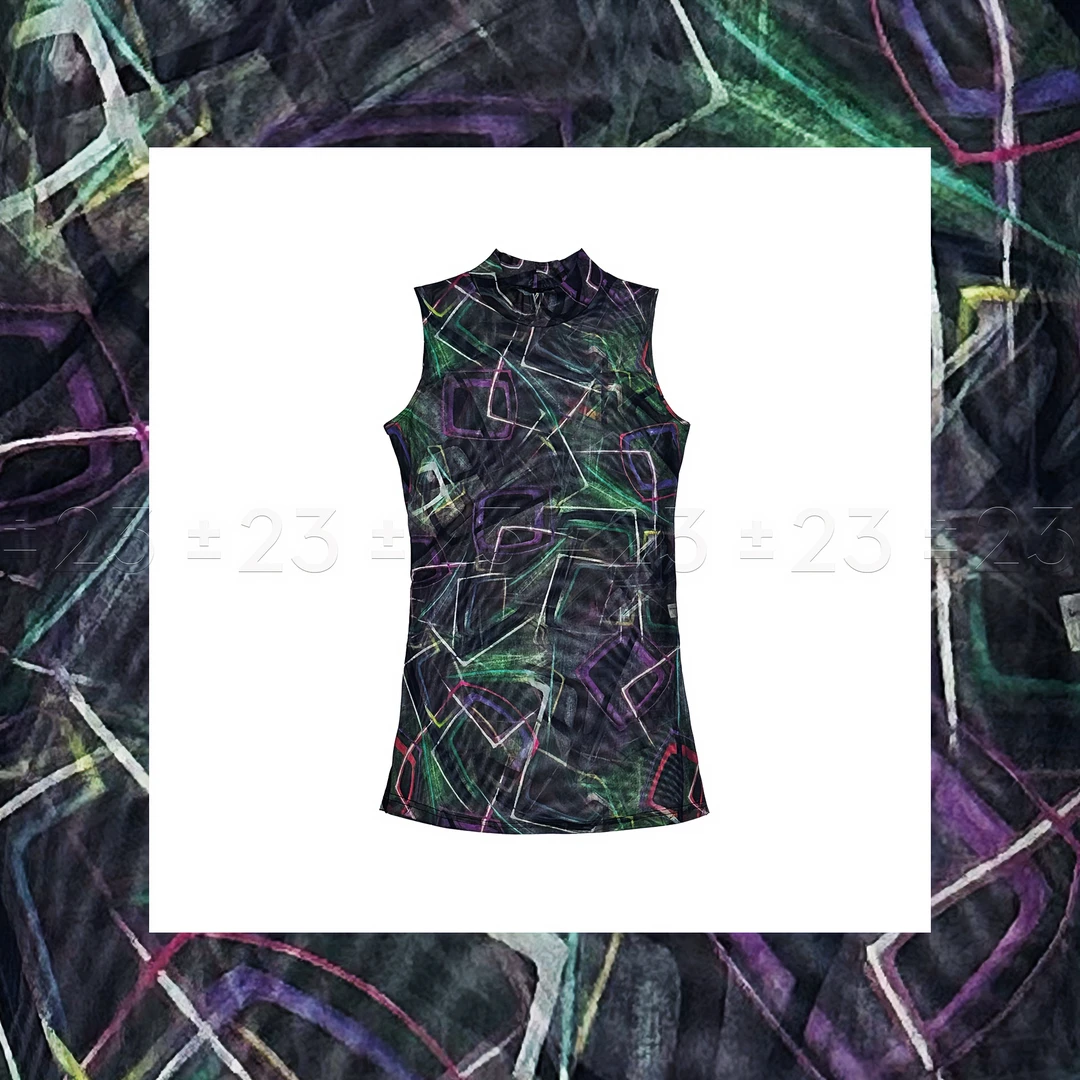 Kenny‘s ±23【繁花】SS24088黑色涂鸦改良版旗袍风网纱立领无袖T恤