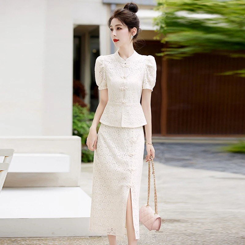 白色蕾丝旗袍连衣裙女2025年夏新款高级感新中式辣妹包臀裙子套装