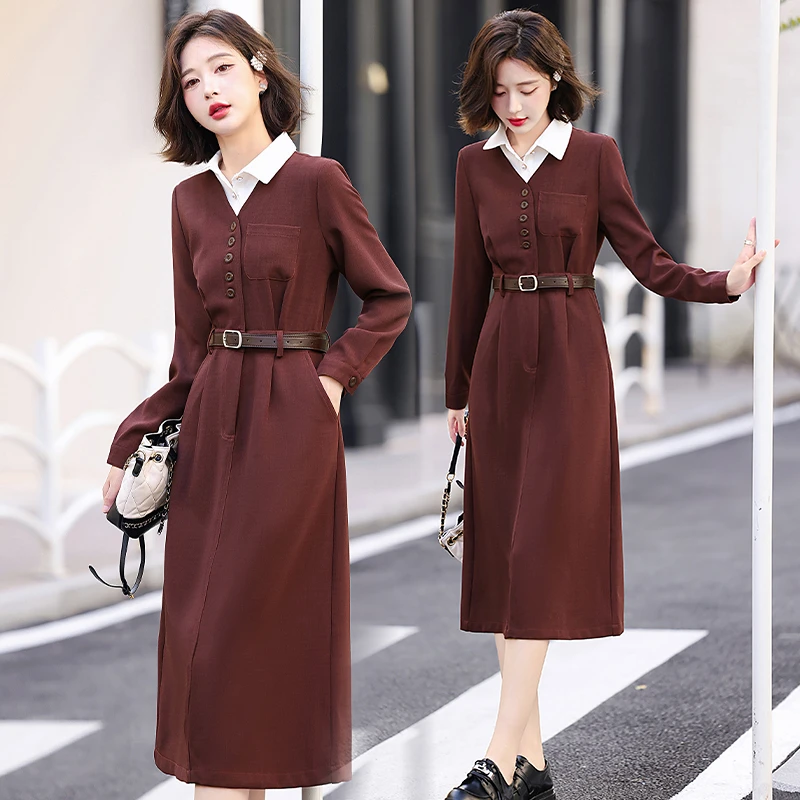 法式高级感连衣裙女2024秋季新款气质女神范显瘦假两件套衬衫裙子