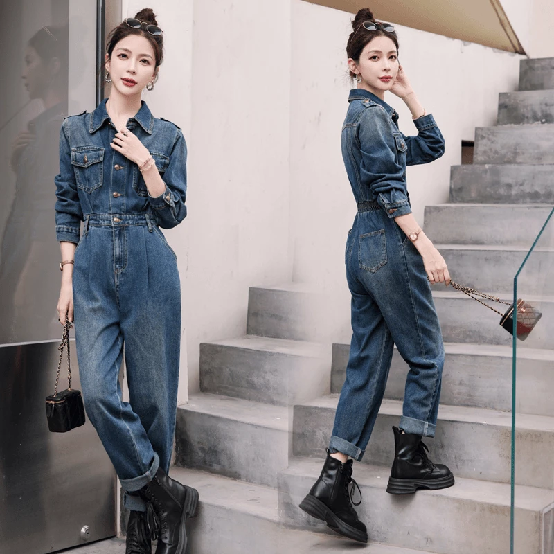复古牛仔连体裤套装女2024年秋季新款洋气显瘦高腰休闲工装连衣裤