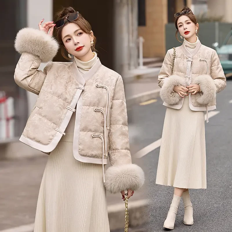 新中式国风短款羽绒服女2024年冬季新款高级感复古盘扣白鸭绒外套