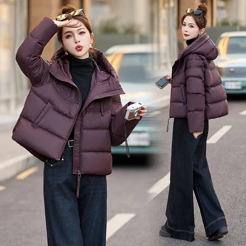 时尚泡芙连帽短款羽绒服女2024冬季新款小个子宽松加厚白鸭绒外套