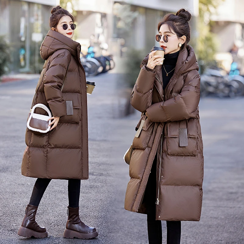 连帽咖色中长款羽绒服女2024冬美拉德宽松加厚过膝白鸭绒保暖外套