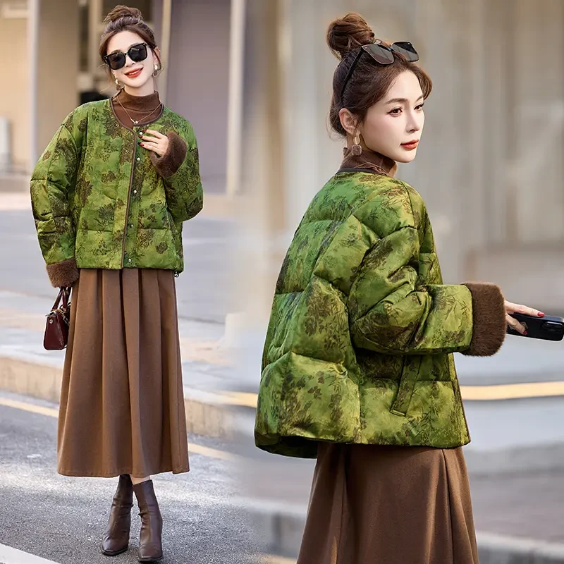 新中式国风复古提花印羽绒服女2024冬季新款小个子短款白鸭绒外套