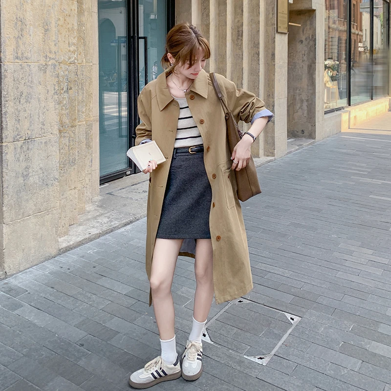 韩系条纹拼接风衣女2024年秋季新款高级感休闲宽松中长款大衣外套