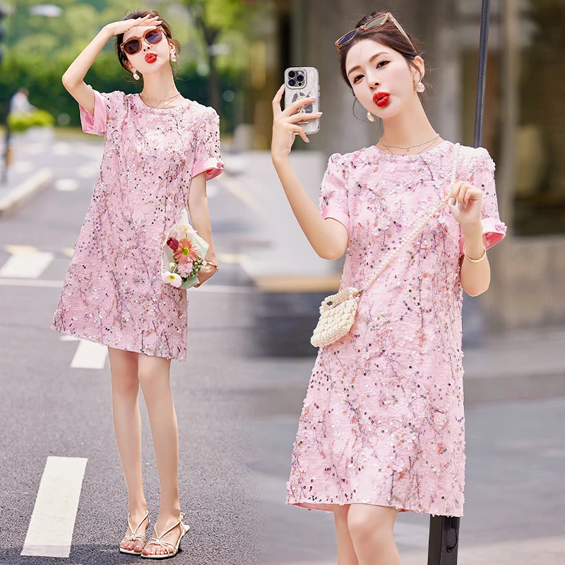 新中式亮片刺绣连衣裙2024夏季新款小个子重工优雅气质中长款裙子