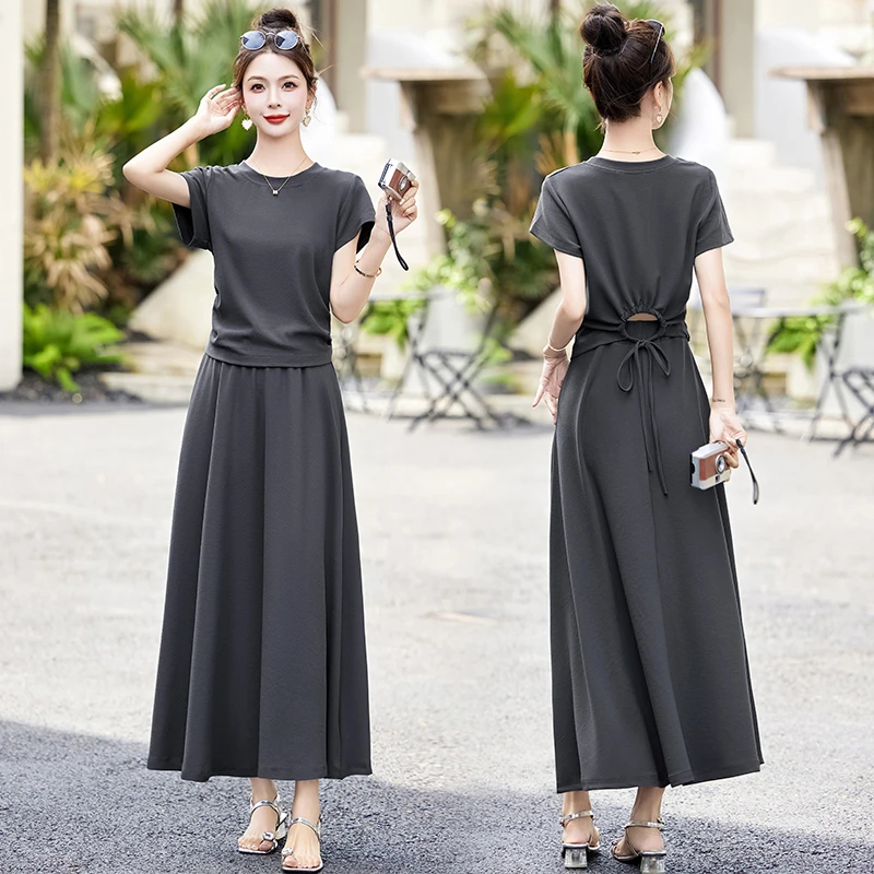 法式灰色时尚套装裙女2025夏季新款短袖收腰洋气休闲半身裙两件套