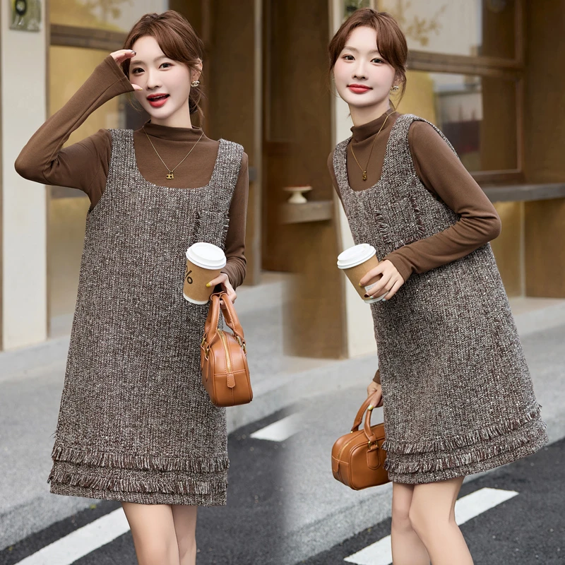 韩系小香风背心裙套装女2025秋季新款打底衫宽松气质连衣裙两件套