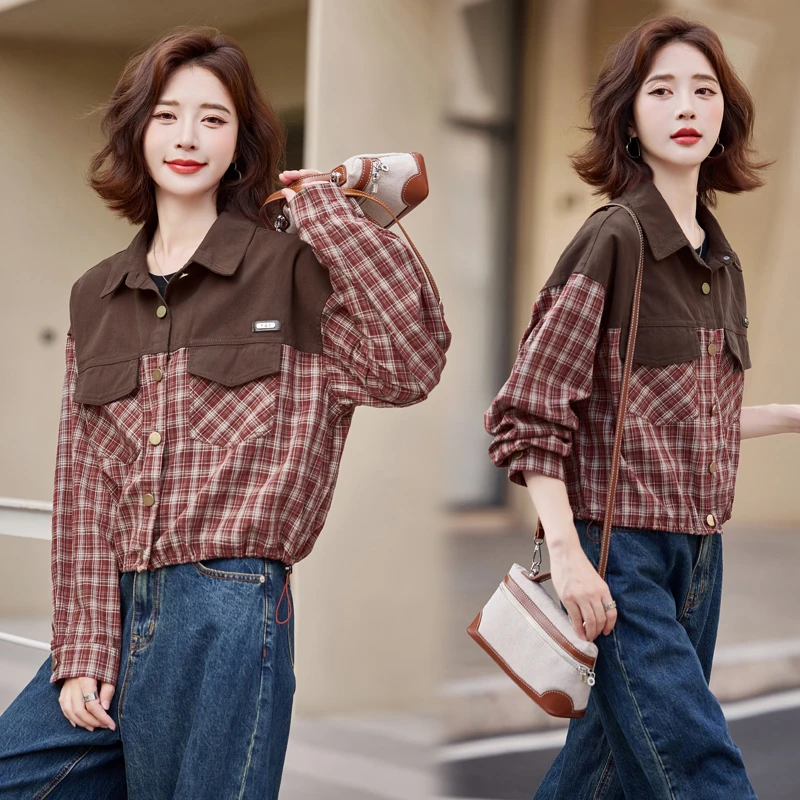 韩系翻领格子短款外套女2024年秋季新款小个子撞色学院风休闲衬衫
