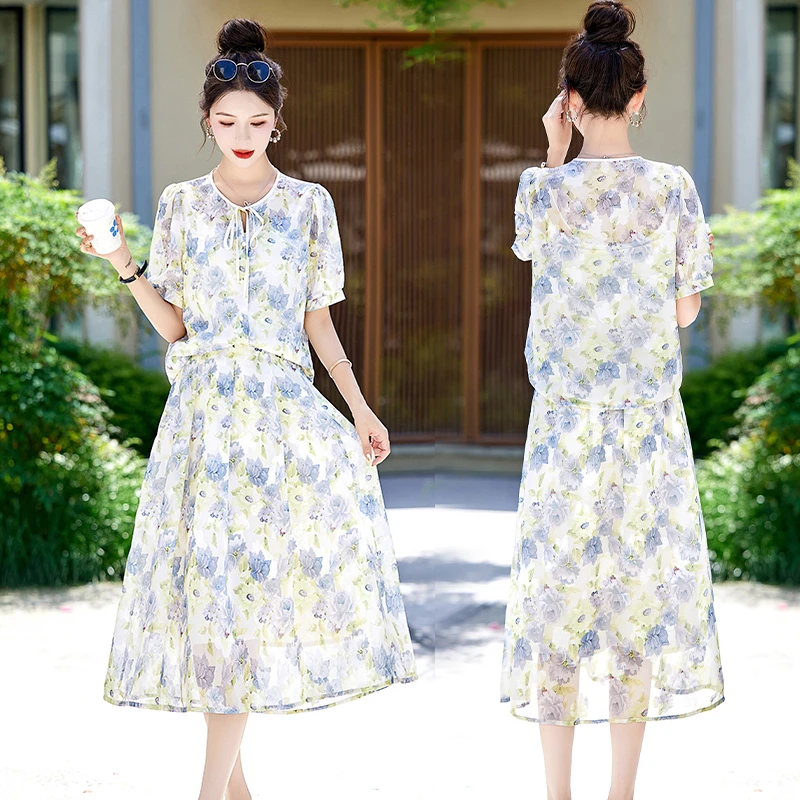 碎花女装连衣裙女2024年夏季新款高级感印花韩版雪纺半身裙两件套