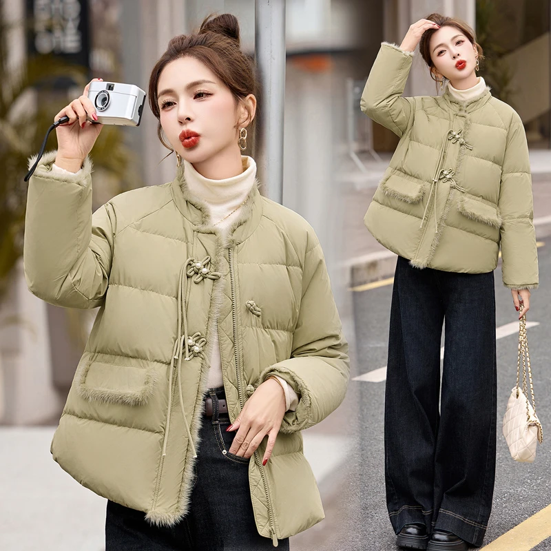 新中式立领水貂毛短款羽绒服女2024冬季新款小个子盘扣白鸭绒外套