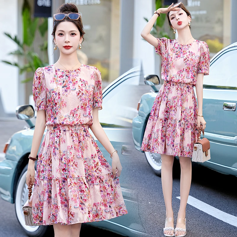 碎花女装连衣裙2025夏装新款小个子洋气显瘦遮肚印花薄款中长裙子